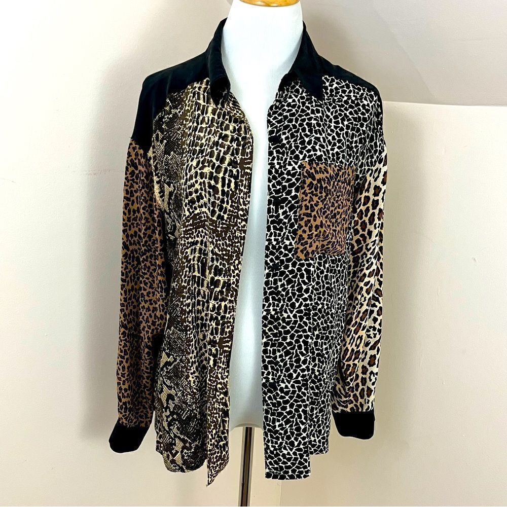 Vintage Allison Taylor Silk Blouse Button Down Mixed Animal Print M
